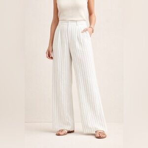 Gap Linen Wide Leg Pleated Pants Women’s Size 12 White Black Pinstripe Coastal